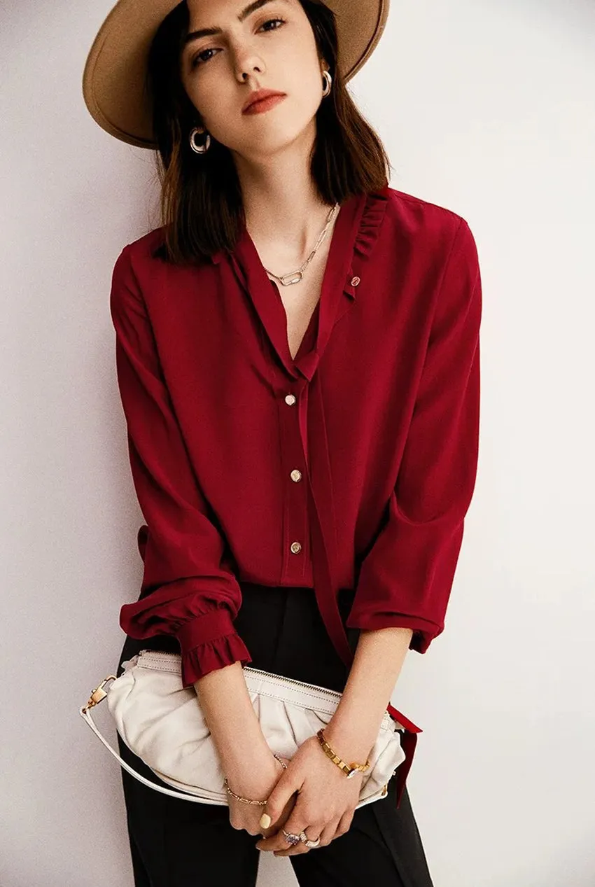 Long Sleeve Neck Bowknot Button Down Silk Shirt