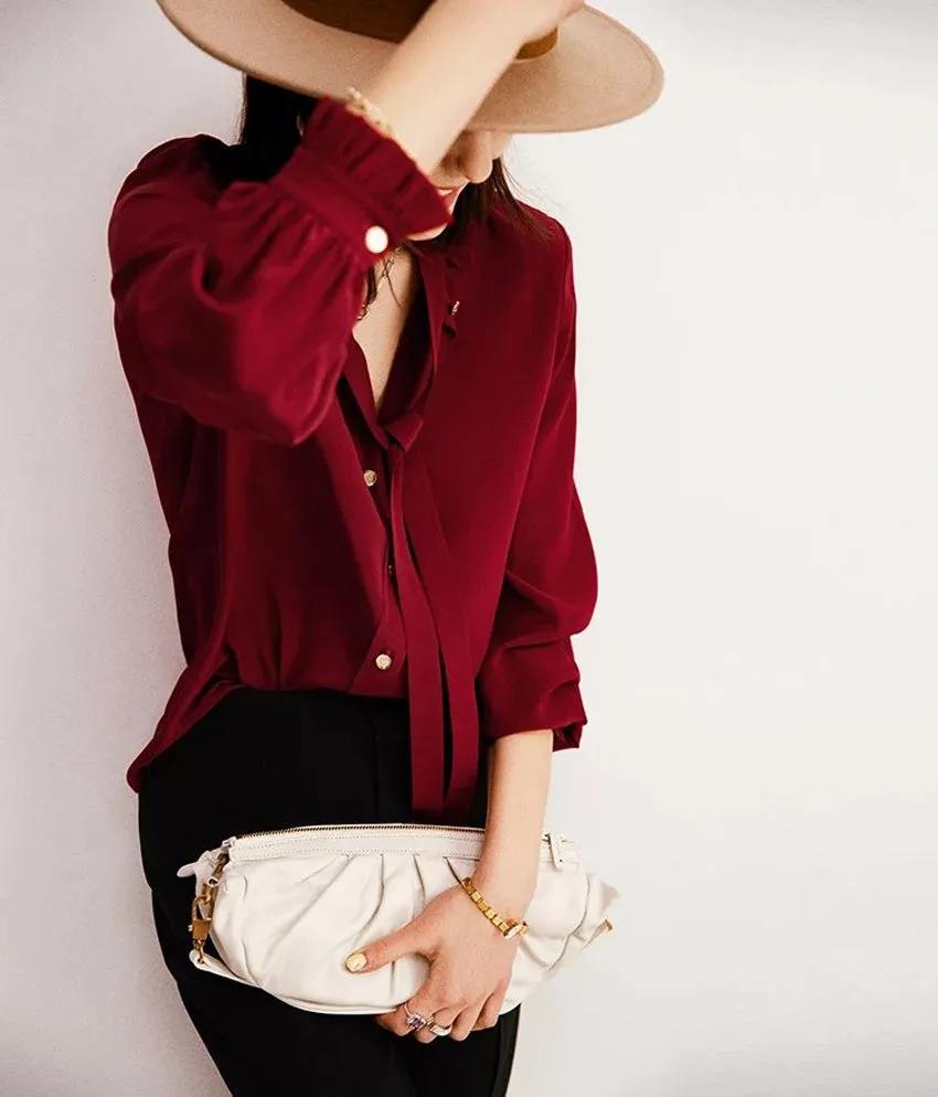 Long Sleeve Neck Bowknot Button Down Silk Shirt