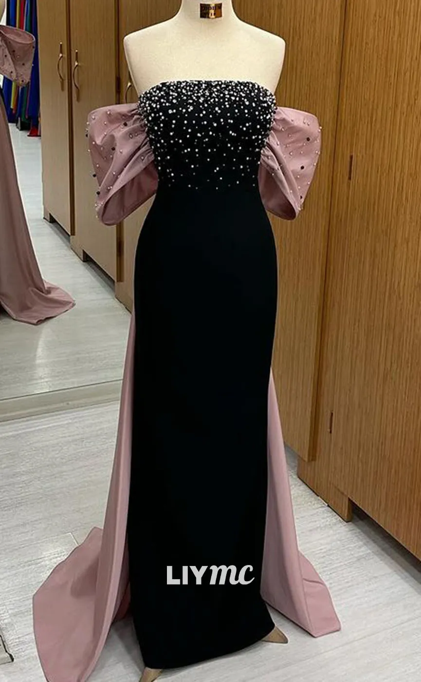 LP1341 - Modern Mermaid Fittted Black Strapless Sleeveless Crystal Long Prom Evening Gown with Pink Bowknot