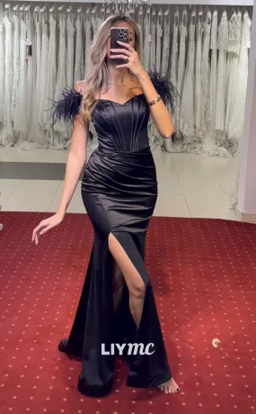 LP1989 - Off-Shoulder Feathered Pleated Ruched Satin Side Slit Prom Dress