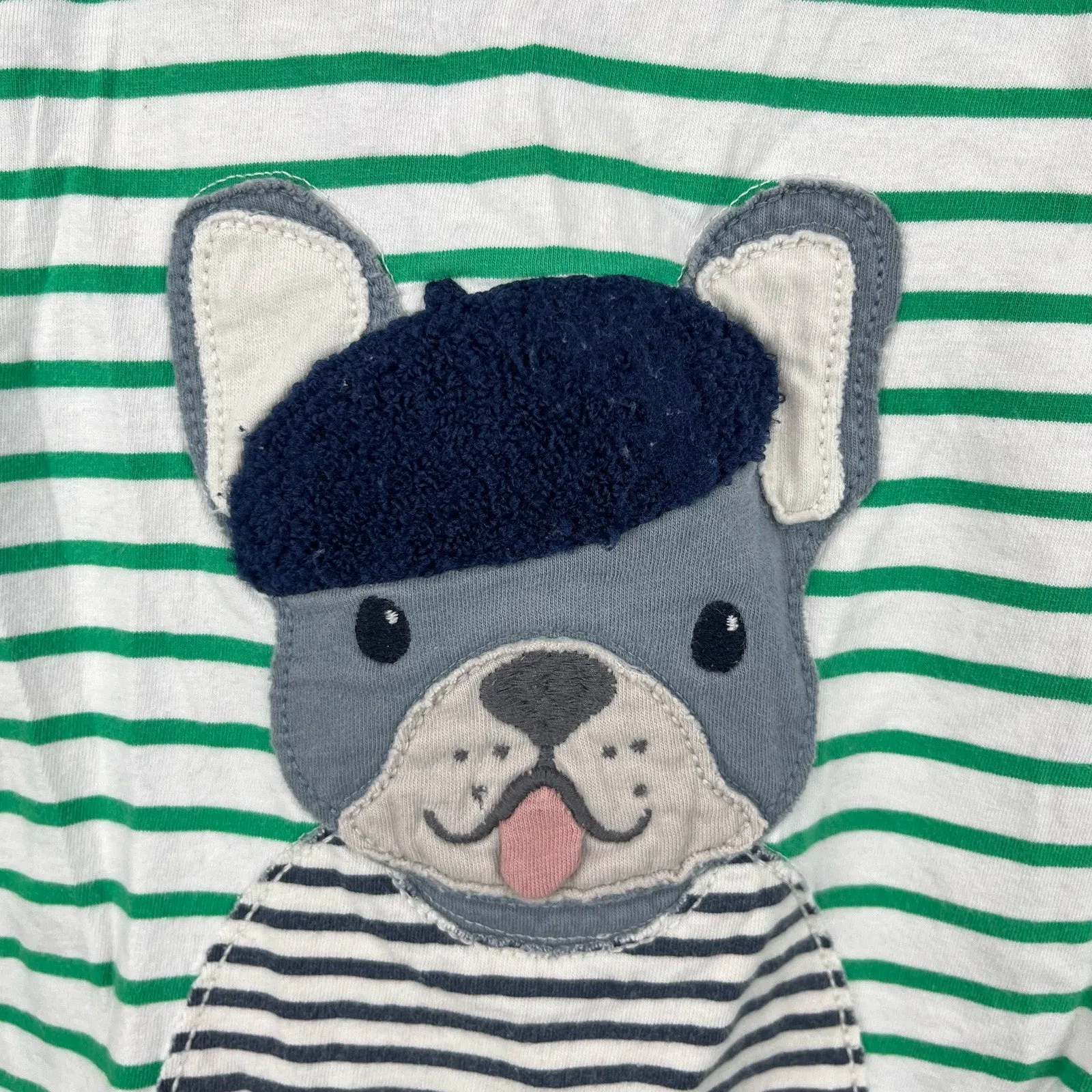 Mini Boden Green Stripe French Bulldog Applique T-Shirt 3-4