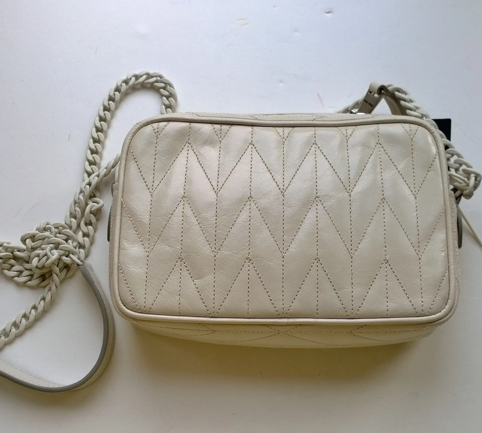 Miu Miu Matelassé Enamel Chain Bag in Cream Patent Leather Trapuntato Bandoleer