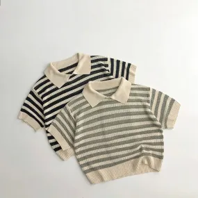 Summer Handcraft Knit Stripe Children Infant T-shirt with Turn down Collar Breathable Stylish Hollow Knitwear Pullover Tops