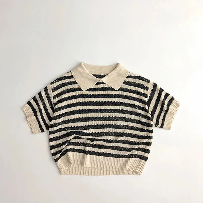 Summer Handcraft Knit Stripe Children Infant T-shirt with Turn down Collar Breathable Stylish Hollow Knitwear Pullover Tops