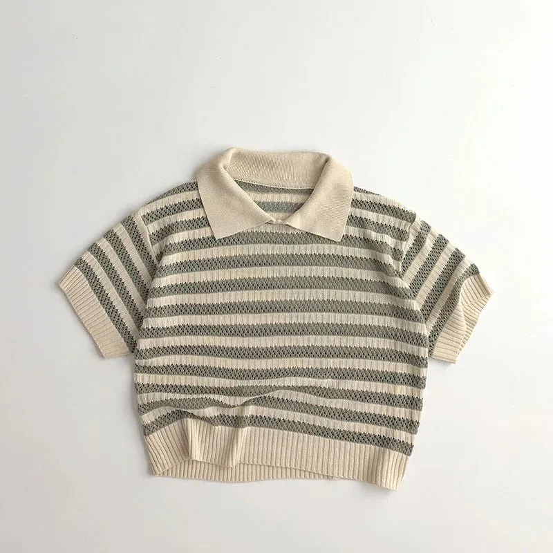 Summer Handcraft Knit Stripe Children Infant T-shirt with Turn down Collar Breathable Stylish Hollow Knitwear Pullover Tops