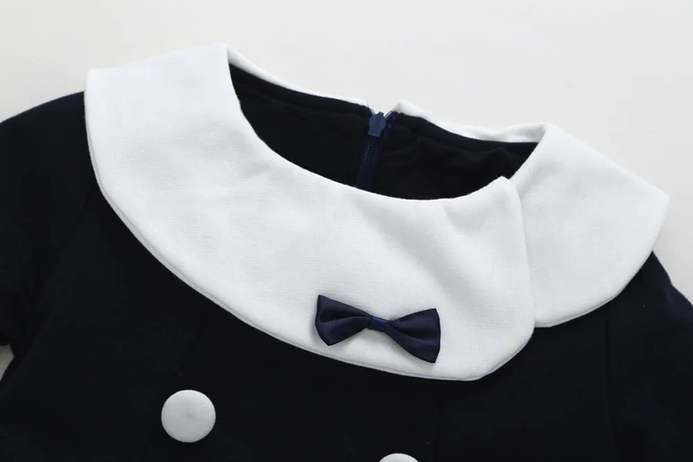 Warm Botton Bowknot Solid Dress Outfit Clothes Long Sleeve Casual Navy Winter