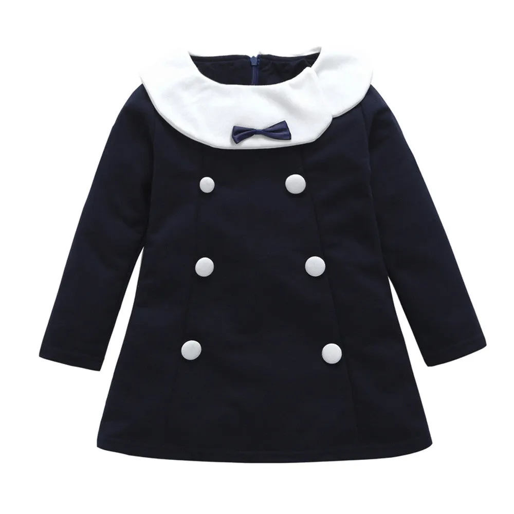 Warm Botton Bowknot Solid Dress Outfit Clothes Long Sleeve Casual Navy Winter