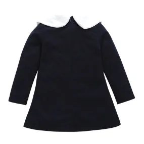 Warm Botton Bowknot Solid Dress Outfit Clothes Long Sleeve Casual Navy Winter