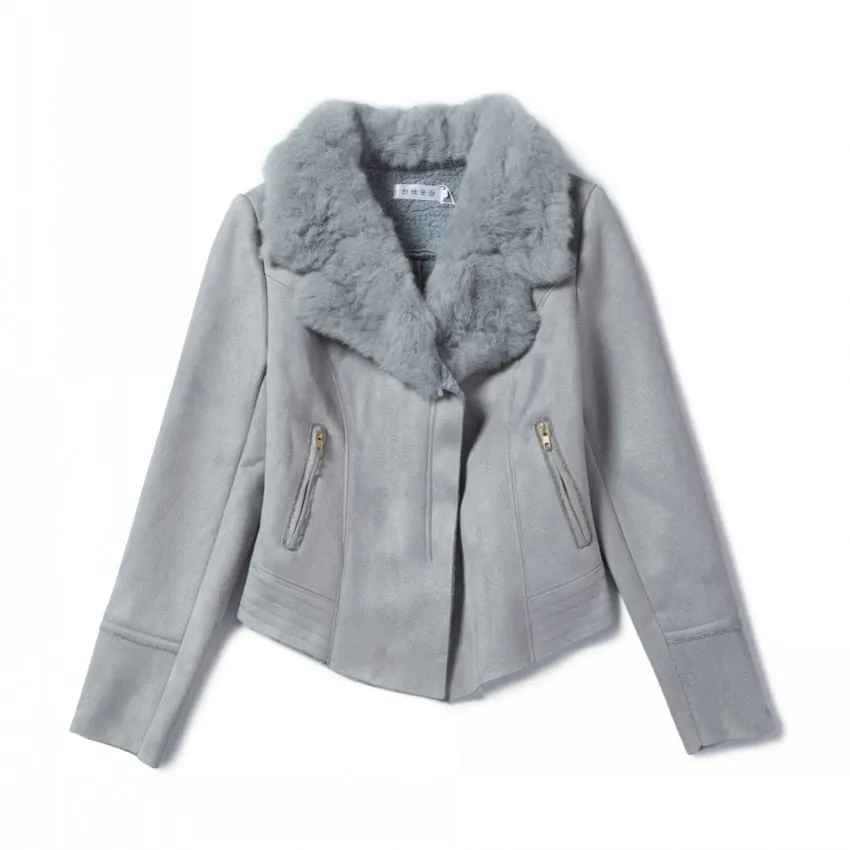 Women Suede Coat  Fur Collar Zipper Thick Slim Short Jacket Outwear