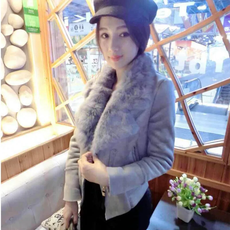 Women Suede Coat  Fur Collar Zipper Thick Slim Short Jacket Outwear